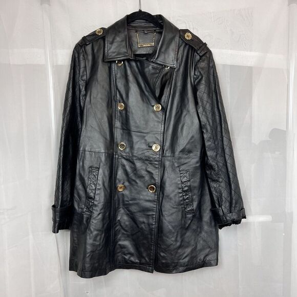Iman black genuine leather jacket quilted gold button XL quiet luxury classic - Picture 1 of 10